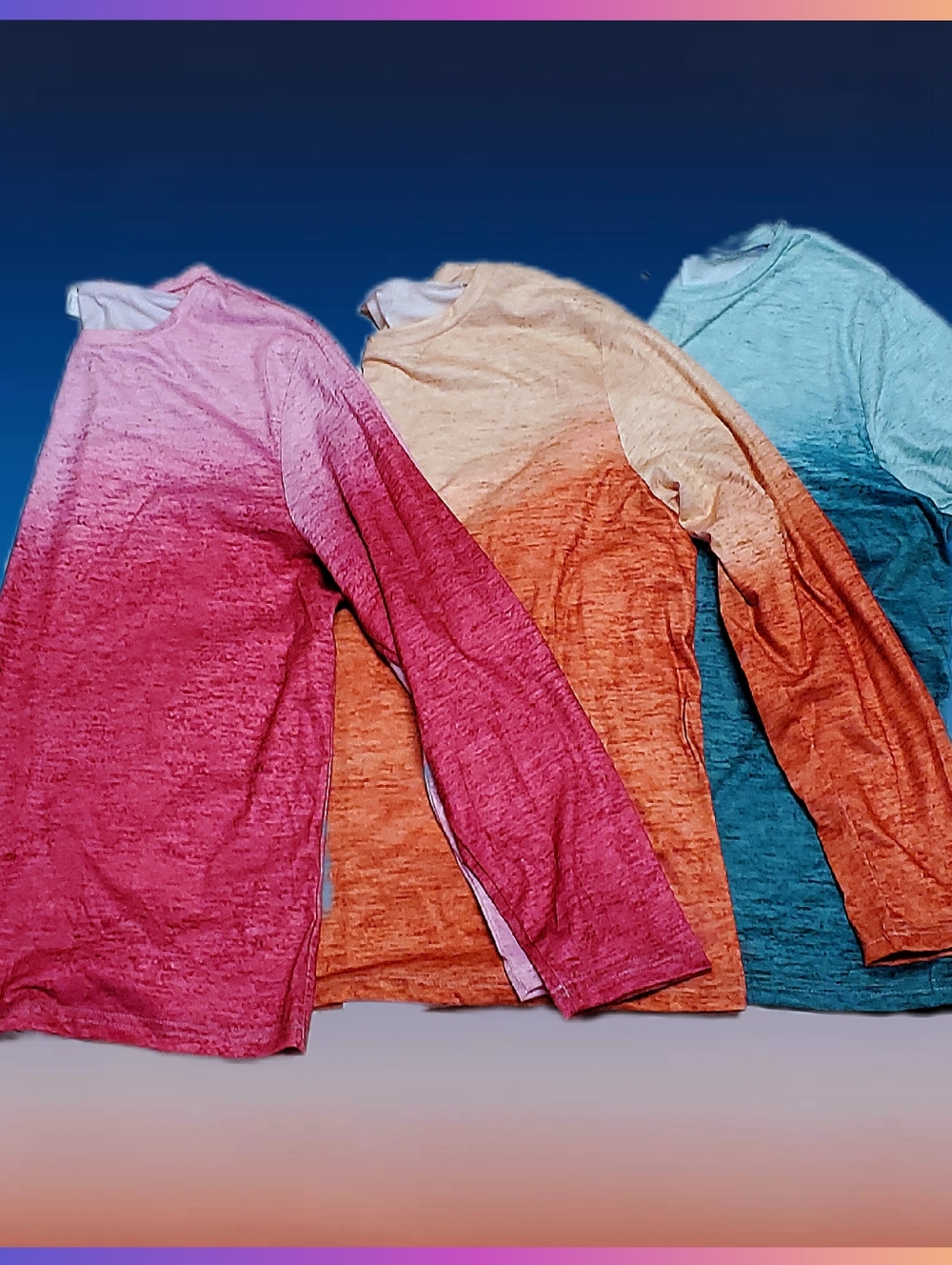 Plus Size Long-Sleeve Tee - Pink, Orange & Blue Tropical Gradient Design 3 Pc